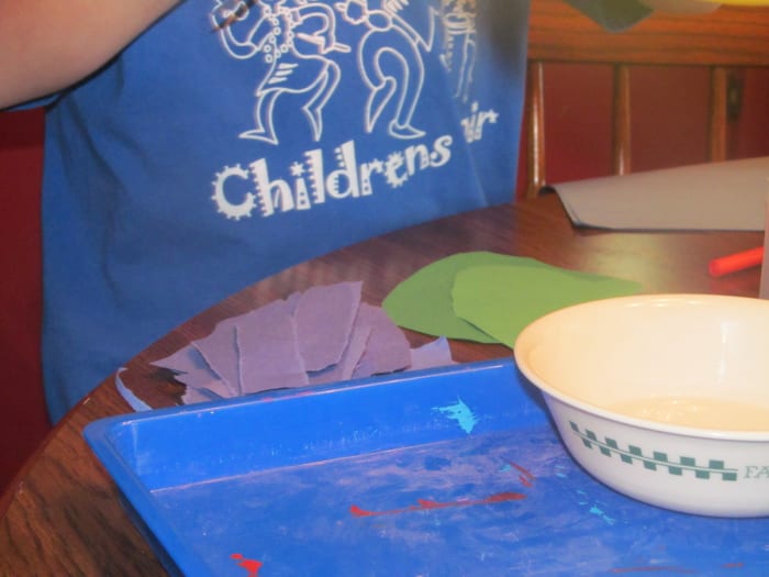 Rip many pieces of blue paper in a variety of sizes. Don't make your pieces to large. We did several shades of blue. Rip 2 larger pieces of green paper to represent the land. If you want to be really accurate you could trace and cut continents.