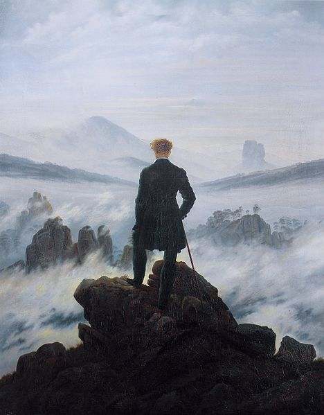 "A Wanderer Above a Sea of Fog" by Caspar David Friedrich, a German romantic painter. Painted in 1818 the original currently hangs in Kunsthalle Hamburg in Germany. Gaddis uses this painting to relate the methods of history.