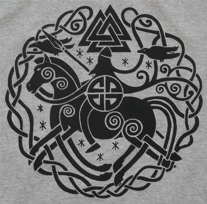 Odin rides Sleipnir with his ravens Huginn and Muninn, 'Thought' and 'Memory' - Sleipnir was another of Loki's offspring, a peace offering to the Allfather for mischief wrought by the Trickster