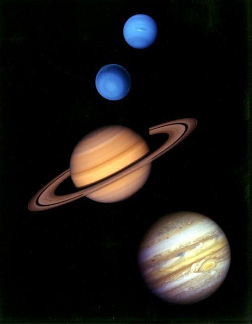 The four gas giants comprise 99% of the mass orbiting the Sun. From top to bottom: Neptune, Uranus, Saturn and Jupiter.