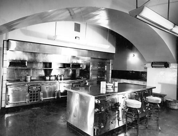 The Truman White House Kitchen. The floor was replaced during the Eisenhower Administration by a black and white checkerboard tile pattern that looked old quickly.