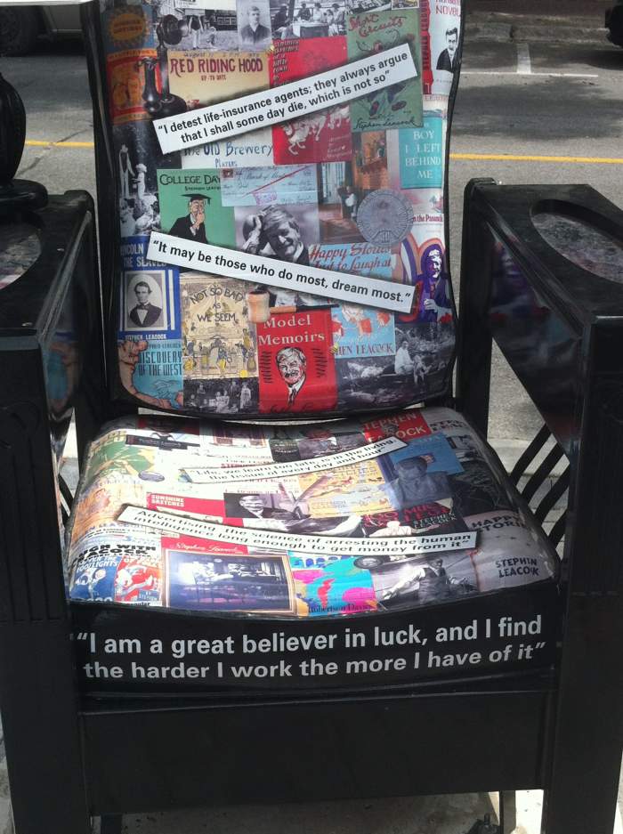 This chair has many quotes by Steven Leacock as well as drawing of some of his many books. The Reading Chair artist is Brenda Slater
