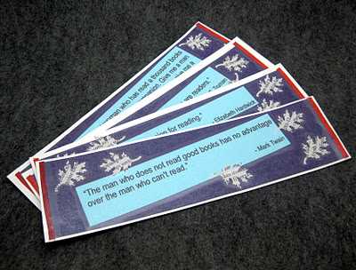 I used famous quotes about reading for those bookmarks. I covered them in contact paper so that they'll have a long life span.