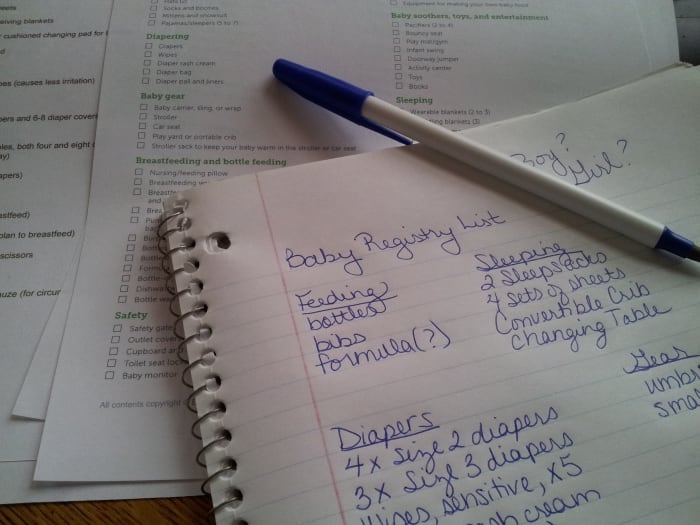 Using the printed baby shower registry checklists, make your own list of things you think you might need or want for the baby.