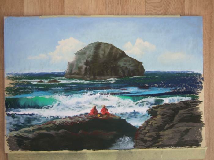 Lifeguards Relaxing At Trebarwith Strand, Cornwall. Pastels on fisher 400 paper.