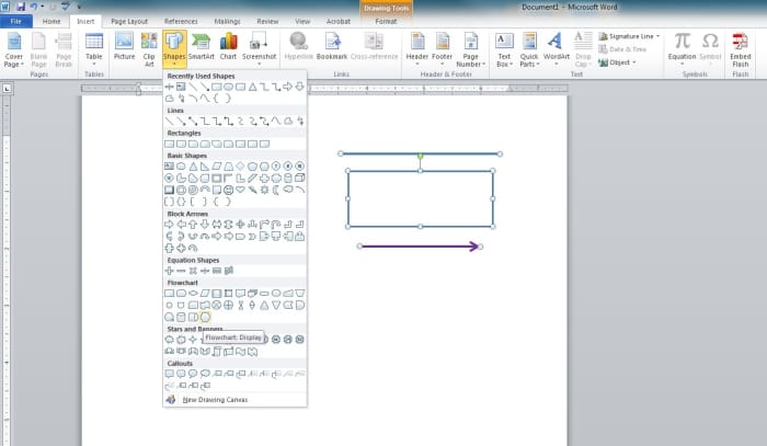The Shapes drop-down menu is found under the Insert Tab of the Word Ribbon. Note the simple shapes that have been inserted - Line, Rectangle and Arrow.