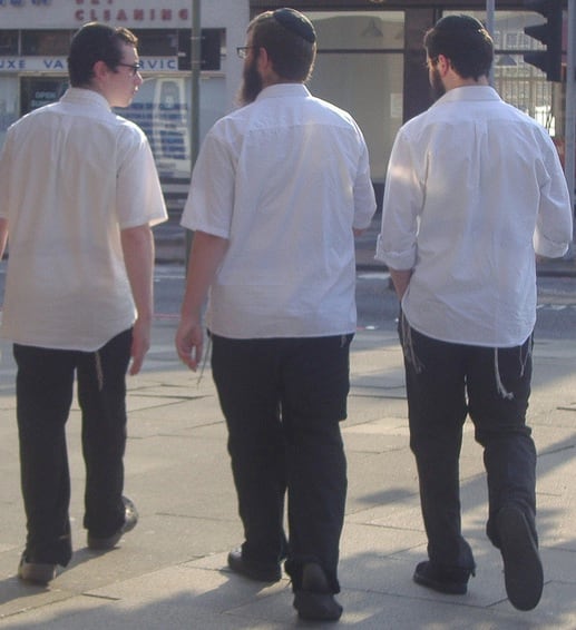 Orthodox men dressed Israeli-style. This photo was not taken on Shabbat, so they are not as neat as they would be for going to shul.