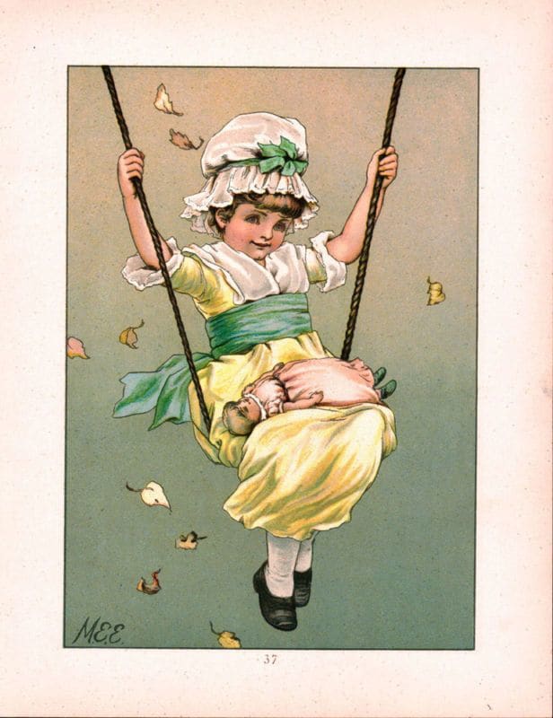 Adorable little girl hand drawn with baby doll in her lap joyfully playing on a swing in bright yellow frock and bonnet with green sashes and bows