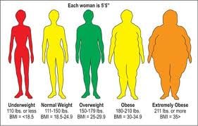 colorful chart showcasing the weight and BMI and the categories of weight ranging from underweight to normal to obese