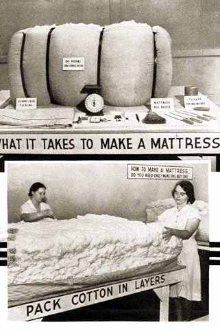 A USDA circular promoting home production of cotton mattresses. Materials needed to make a mattress included "10 Yards--8 oz. Ticking," "50 Pounds Long Staple Cotton," "Mattress Roll Needle," and "Thread for Making Roll." Photo: Wikipedia Commons