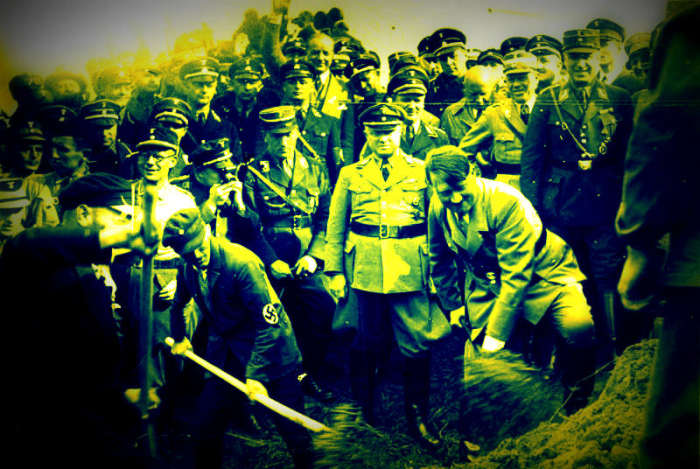 Unfortunately Hitler was a master at rhetoric. He knew how to build his credibility -- seen here working alongside his men.