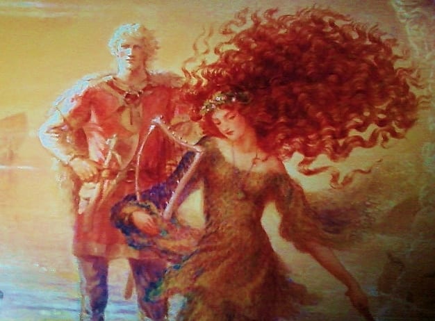 Detail of Evynd and Nessa, with Nessa's flowing hair, and Evynd with magical light shining on him from his right; he wears a weapon in his belt.