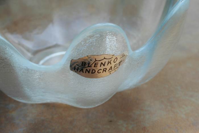 A close-up of a silver foil Blenko sticker. I've seen so-called vintage Blenko pieces in antique stores that have the newer stickers on them, so ... beware if you're looking for a really old piece of Blenko.
