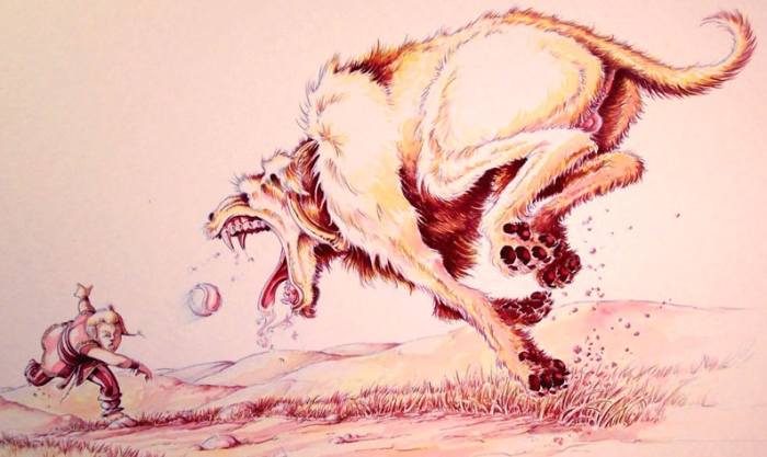 Cuchulainn - then still Setanta - throws the ball at Cullan's hound. Killing it and offering to do its duties earned him his name