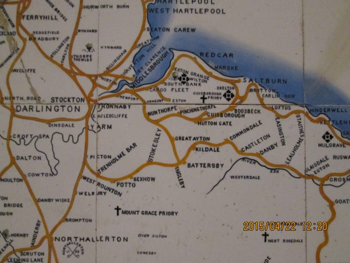 A corner of the tile map of the North Eastern Railway mounted on a wall of the National Railway Museum in York. It shows the network of lines around Middlesbrough, with Guisborough.in the centre