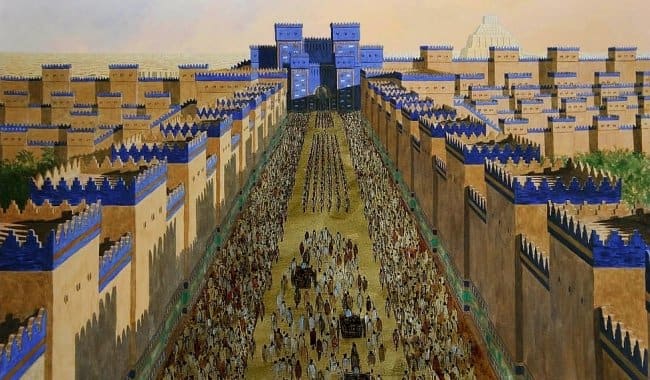 The Ishtar Gate, decorated with blue stone, was the eigth gate to the inner city of Babylon. It was constructed in about 575 BC by order of King Nebuchadnezzar II. It was speckled with images of lions.