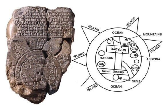 A stone map showing the known land masses surrounded by a ring of ocean. This map was made by Babylonian scholars more than 3000 years ago. They labelled it with wedge-shaped cuneiform writing.