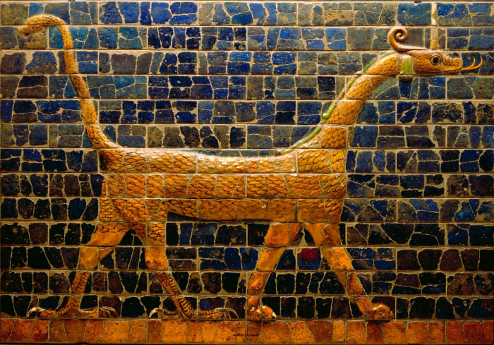 The dragon symbolized Marduk, supreme god of the Babylonians. They worshipped many gods, incluing the sun god Shamash, and Ishtar, the goddess of War and love.