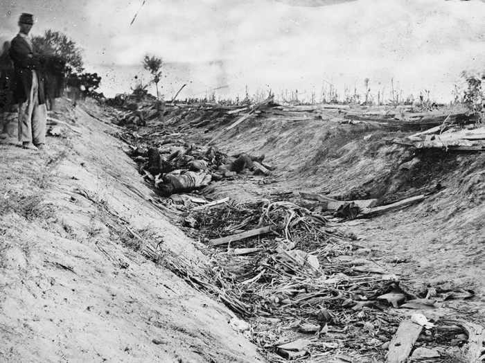 Stacked fence rails in the background were a minor improvement to this sunken road position held by rebel troops at the Antietam battlefield in MD
