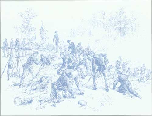 Sketch - troops use bayonets, cups, plates, and bare hands to improvise earthworks at Old Cold Harbor, VA