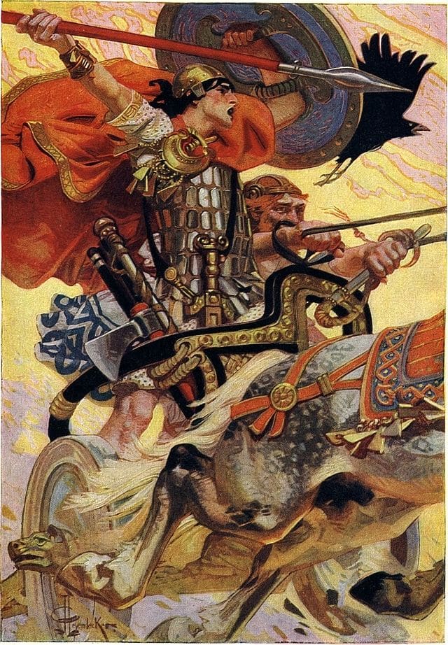 The teenage Cu Chulainn who battled Queen Maeve. Illustration by Joseph Christian Leyendecker.