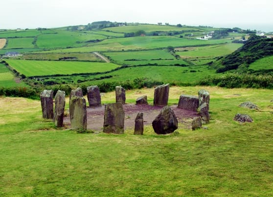 The stone circle at Dromberg with the beautiful Irish countryside in the background. Photo by Alan Simkins.