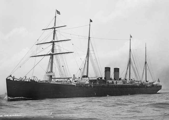 SS Germanic was an ocean liner built by Harland and Wolff in 1875 and operated by the White Star Line. From Liverpool, stopping at Queenstown Ireland On June 4 1903 it steamed onto New York arriving on June 11th
