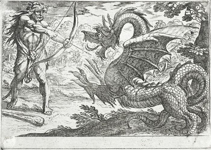 Hercules practices his dragon-killing skills on the dragon Ladon