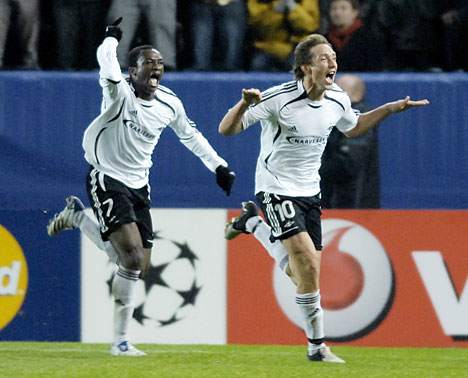 Yssouf Kone (7) and Vidar Riseth (10) celebrate during a UCL group stage match on Oct. 24, 2007. Both players scored the only of the match as Rosenborg won 2-0.