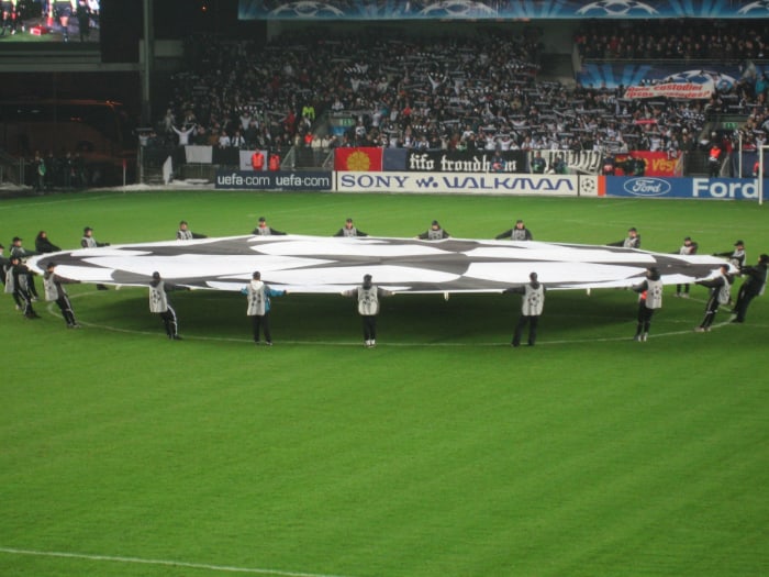 The symbol of the UEFA Champions League at center field in Lerkendal Stadium as Rosenborg prepared to host Chelsea in a 2007 group stage match.