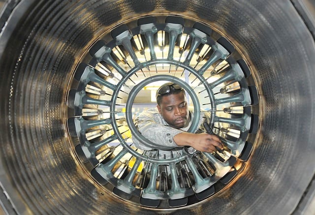 Man works on a jet engine. Space exploration creates many high-tech jobs, most of them well paid. In a world which is increasingly science and technology driven, space exploration can play a wider role in developing technologies.