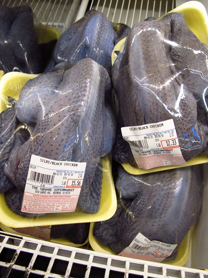 Black chicken (silky chicken / 烏骨雞 / wu gu ji) for sale - also known as hēi jī (黑雞) black chicken is known for its nutritious healing qualities and is often made into soup, along with medicinal herbs. In Korean, black chicken is: 오골계 / ogolgye.