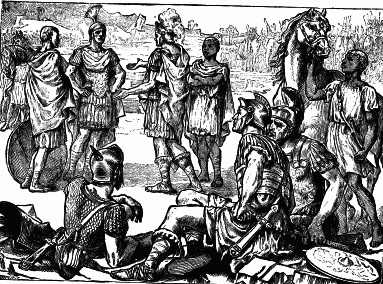 Hannibal of Carthage surrenders to his great rival, Scipio Africanus of Rome on the plains of Zama in 202 BC.
