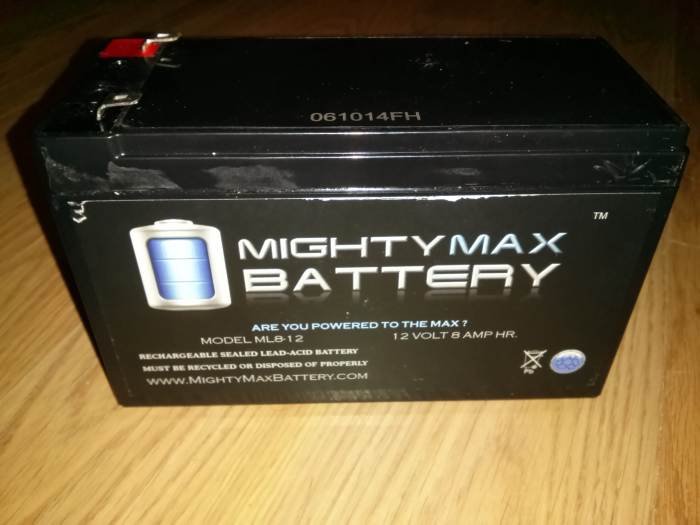 A replacement battery that I ordered online for my APC Back-UPS CS 500. It's rated for 12 Volts and 8 Ah of capacity.
