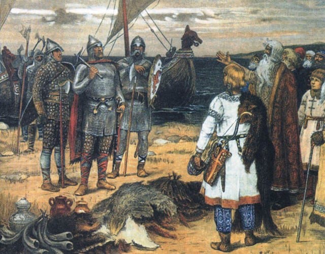 A painting by Viktor Vasnetsov of the Varangians or Rus being greeted by the native Slavs in what is now northern Russia - the ship's prow looks a bit dodgy, with the sail still up and full but apart from that the picture shows costume and kit