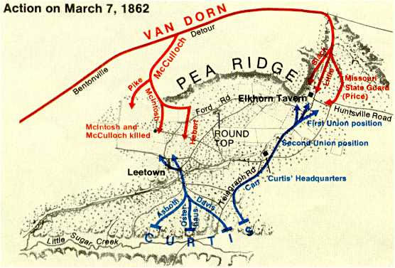 Map showing Van Dorn's overall strategy to attack the Curtis and his Union army in the rear at Pea Ridge