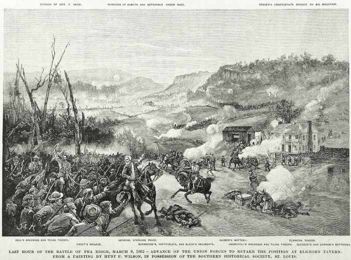 The last hour of battle March 8,1862. General Price and his Confederates were driven from Elk Horn Tavern by Union forces.