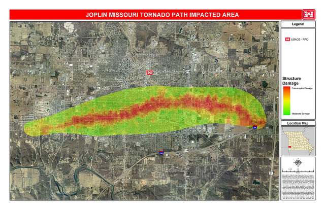 Damage path of the EF 5 Joplin, Missouri Tornado with red indicating EF 4/5 damage.