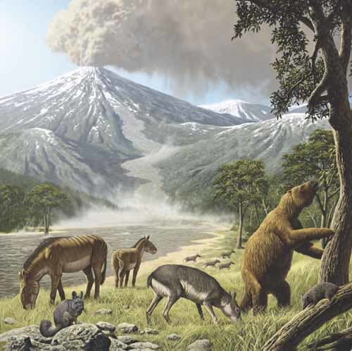 Tinguiririca's fauna shortly before burial: (from left to right) the rodent Eoviscaccia, the notoungulates Eomorphippus, Santiagorothia, and Archaeotypotherium, the ground sloth Pseudoglyptodon, and the marsupial Klohnia. Art by Raúl Martín.