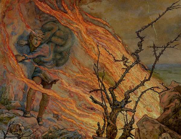 Here we show a portion of 'Christian on the way to Legality's House' - a design by Frank C Pape from his suite prepared for "The Pilgrim's Progress" (1910).