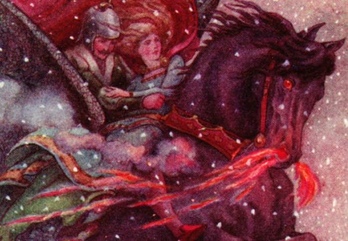 Here we show a portion of 'The Horse rose high into the air' - it is from the suite prepared by Frank C Pape published in ''The Golden Fairy Book' (1911).