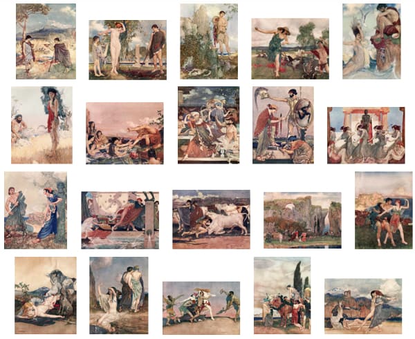 Here we show each of William Russell Flint's color illustrations published in "Theocritus, Bion and Moschus" (1922).