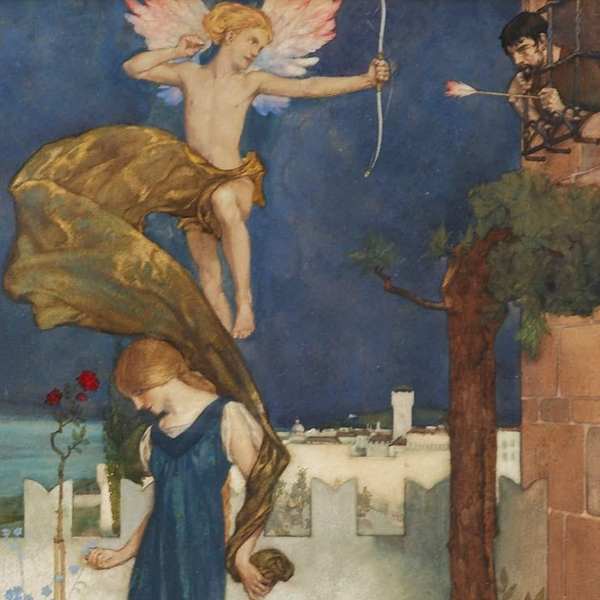 Here we show a portion of one of the three designs for 'The Knightes Tale' - it is from the William Russell Flint suite published in "The Canterbury Tales of Geoffrey Chaucer" (1913).