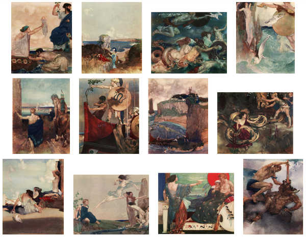 Here we show each of William Russell Flint's color illustrations published in "The Heroes; or, Greek Fairy Tales for My Children" (1912).