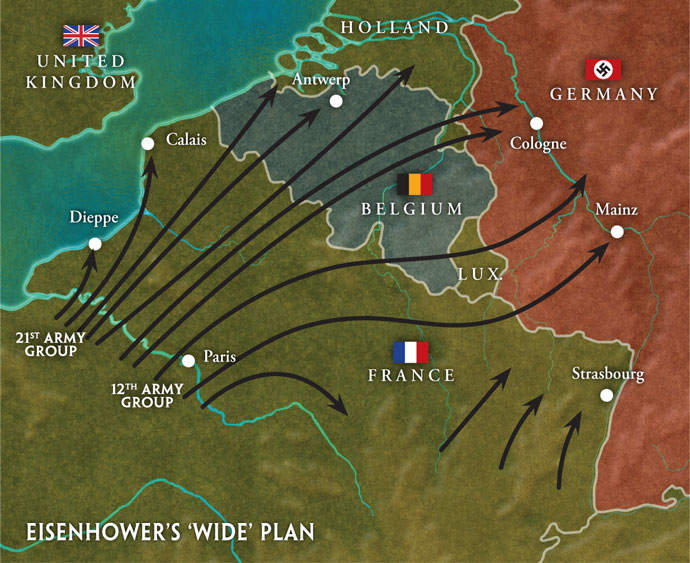 This was Eisenhower's 'Wide' Front plan. He managed to keep Monty and 'Blood & Guts' Patton apart for much of the time.