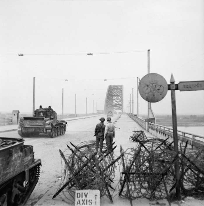2nd Welsh Guards' XXX Corps' Sherman tanks approach the Nijmegen bridge, 21st September