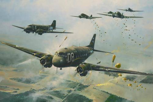 Standard paratroop drop transport by this time was the Canadian Douglas Dakota twin- engined aircraft