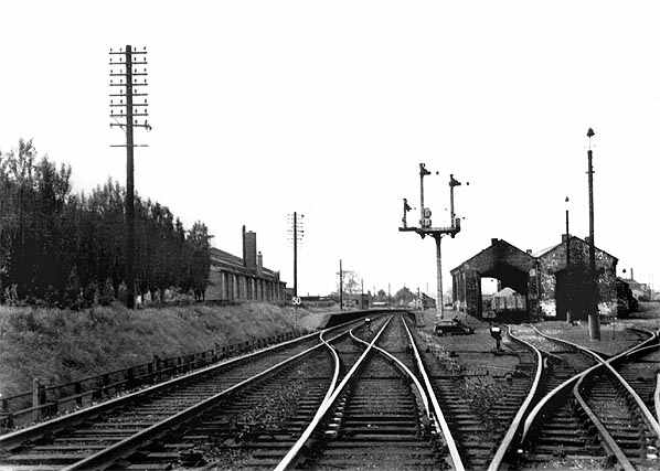 The emergency low level platforms seen next to the motive power depot (51J) in 1955, early British Railways days, when thirteen steam locomotives were shedded here