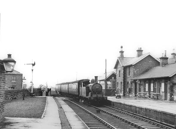 Stokesley in the1950s - a Class G5 0-4-4 tank locomotive enters the station from the Picton direction - the signal cabin can be seen at the far end (see also below)