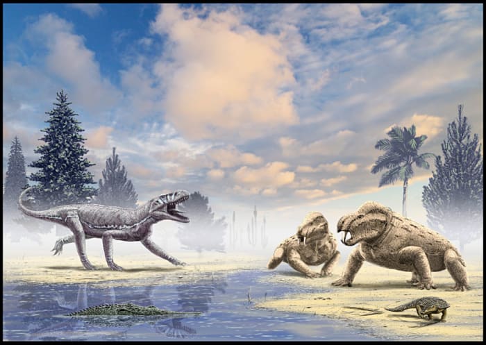 Triassic Morocco scene by Alain Beneteau, in which an Arganasuchus (left) meets two Moghreberia (right). In the foreground, a phytosaur lies in wait (left) and an aetosaur crawls along the shore (right).